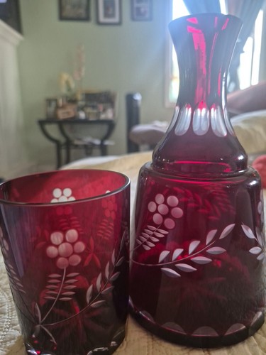 Cranberry etched glass caraffe - glass,